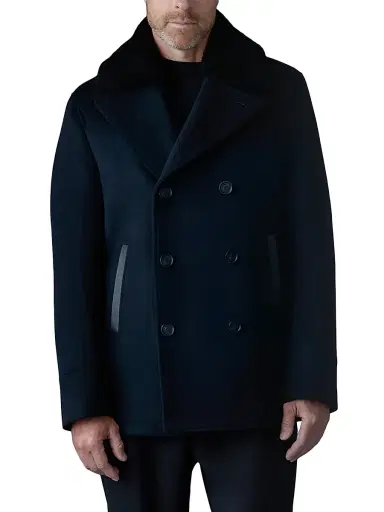 Mackage Men's Cole Wool Double-Breasted Shearling-Collar Jacket - Navy | Thumbnail 3