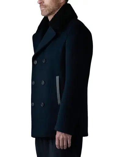 Mackage Men's Cole Wool Double-Breasted Shearling-Collar Jacket - Navy | Thumbnail 4