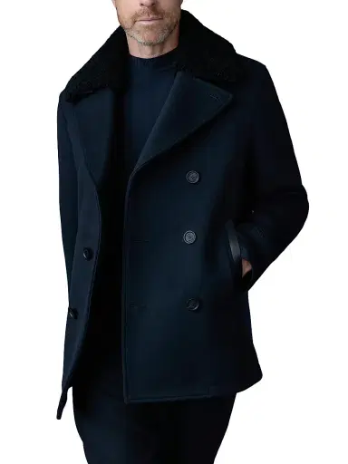 Mackage Men's Cole Wool Double-Breasted Shearling-Collar Jacket - Navy | Thumbnail 6