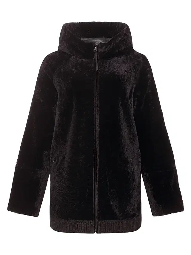 Gorski Women's Reversible Textured Shearling Lamb Zip Parka with Ribbed Hem - Brown
