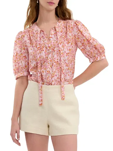 REBECCA TAYLOR Women's Bellamy Tieneck Floral Silk Blouse - Pale Pink Multi - Size XL | Thumbnail 3
