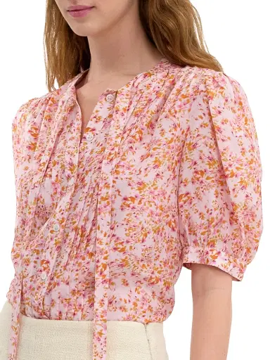 REBECCA TAYLOR Women's Bellamy Tieneck Floral Silk Blouse - Pale Pink Multi - Size XL | Thumbnail 6