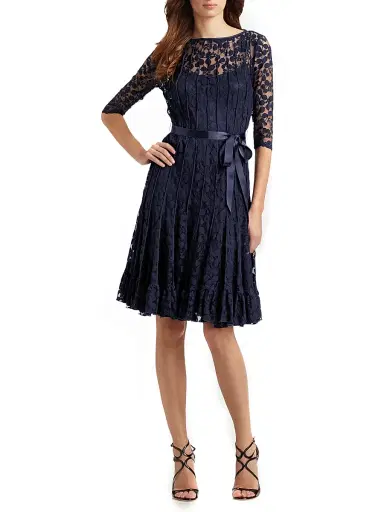 Teri Jon by Rickie Freeman Women's Lace Pintuck Dress - Navy - Size 12 | Thumbnail 2