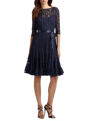 Teri Jon by Rickie Freeman Women's Lace Pintuck Dress - Navy - Size 12 | Thumbnail 3