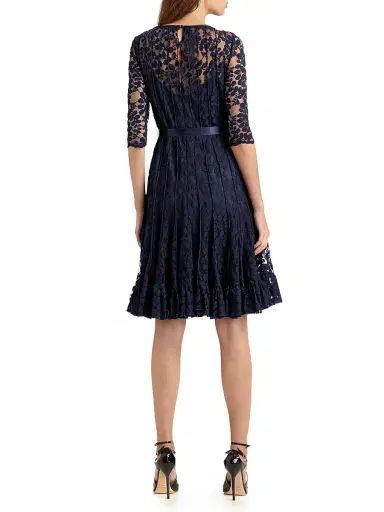 Teri Jon by Rickie Freeman Women's Lace Pintuck Dress - Navy - Size 12 | Thumbnail 4