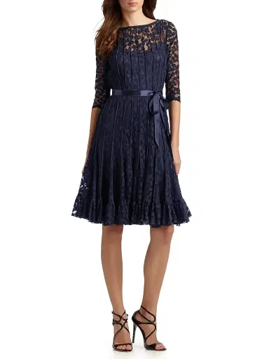 Teri Jon by Rickie Freeman Women's Lace Pintuck Dress - Navy - Size 12 | Thumbnail 1