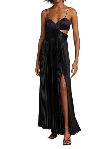 Amur Women's Elodie Satin Colorblock Pleated Gown - Navy Black - Size 12 | Thumbnail 3