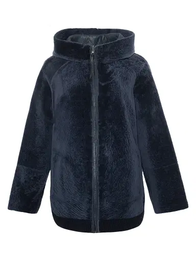 Gorski Women's Reversible Textured Shearling Lamb Zip Parka with Ribbed Hem - Dark Blue - Size Small | Thumbnail 1 Gorski Women's Reversible Textured Shearling Lamb Zip Parka with Ribbed Hem - Dark Blue - Size Small | Thumbnail 1