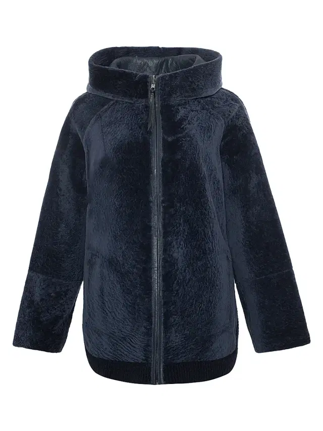 Gorski Women's Reversible Textured Shearling Lamb Zip Parka with Ribbed Hem - Dark Blue