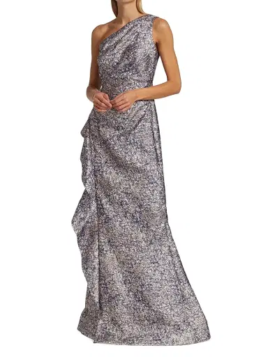 Teri Jon by Rickie Freeman Women's Metallic Jacquard One-Shoulder Gown - Pink Lilac - Size 16 | Thumbnail 3