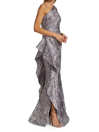 Teri Jon by Rickie Freeman Women's Metallic Jacquard One-Shoulder Gown - Pink Lilac - Size 16 | Thumbnail 4
