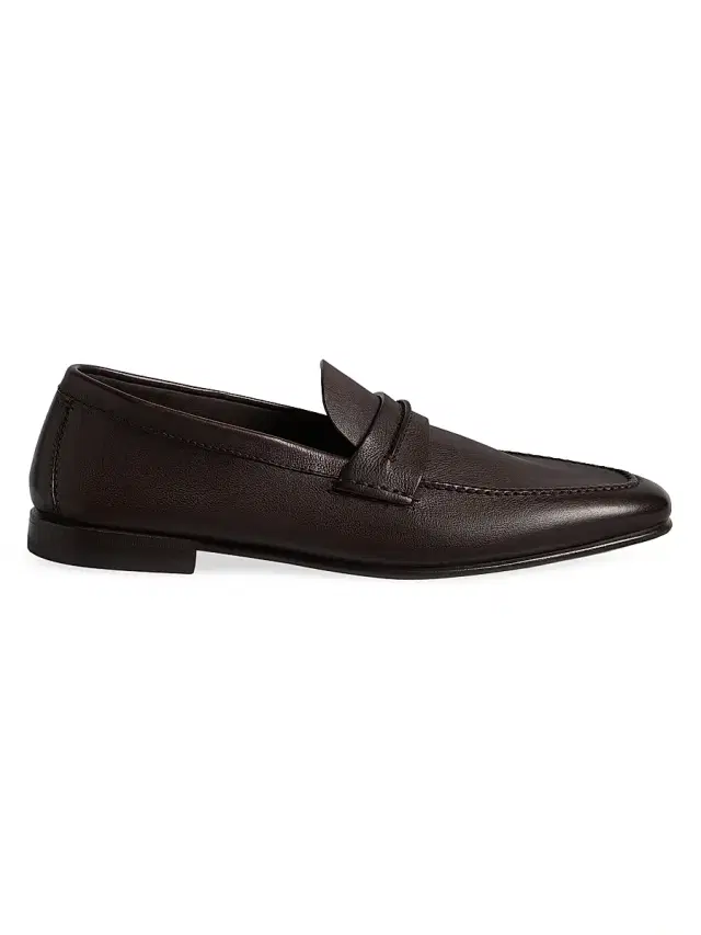 ZEGNA Men's Natural Grain Leather Mocassin Loafer - Dark Brown