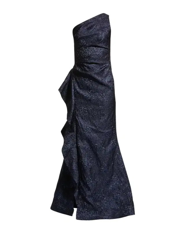 Rickie Freeman for Teri Jon One-Shoulder Jacquard Side-Ruffle Gown