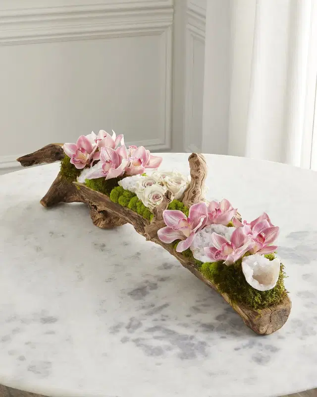 T & C Floral Company Preserved Roses and Amethyst in Elongated Wood Log - 9"