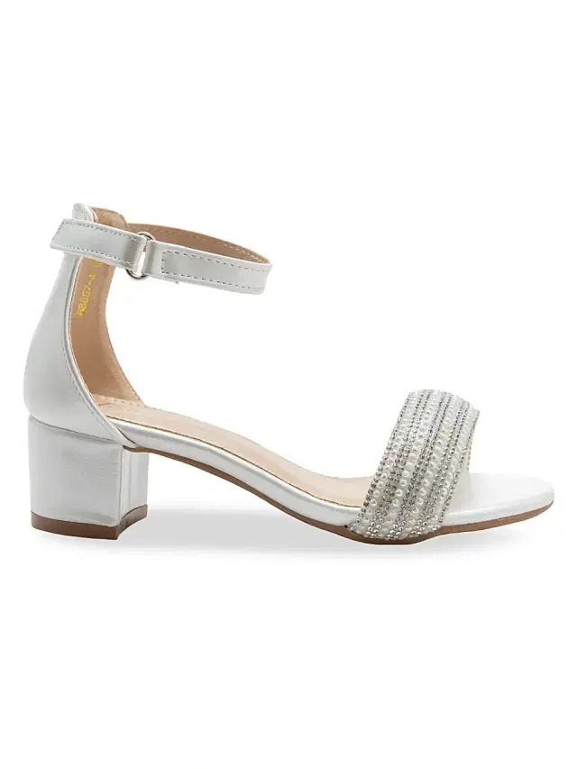 Little Girl's and Girl's Rhinestone Band Block Heels - White 7 (Child)