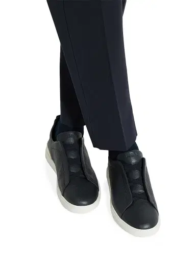 ZEGNA Men's Deerskin Triple Stitch Sneakers - Navy Blue | Thumbnail 2 ZEGNA Men's Deerskin Triple Stitch Sneakers - Navy Blue | Thumbnail 2