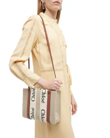 Chloé Woody Small Tote Bag in Linen with Crossbody Strap | Thumbnail 1 Chloé Woody Small Tote Bag in Linen with Crossbody Strap | Thumbnail 1