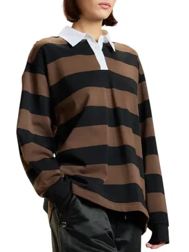 CYNTHIA ROWLEY Women's Ardie Striped Cotton Rugby Shirt - Black - Size Large | Thumbnail 2
