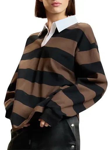 CYNTHIA ROWLEY Women's Ardie Striped Cotton Rugby Shirt - Black - Size Large | Thumbnail 1