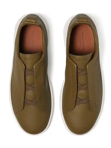 Zegna Men's Secondskin Triple Stitch Sneakers - Olive Green - Size 13 | Thumbnail 3