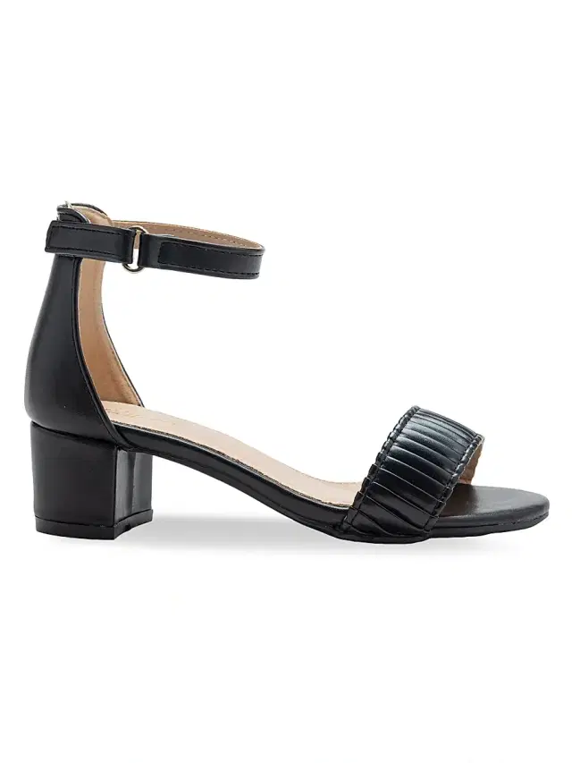 Tulleen Little Girl's and Girl's Pleated Lined Banded Block Heels - Black 7 (Child)