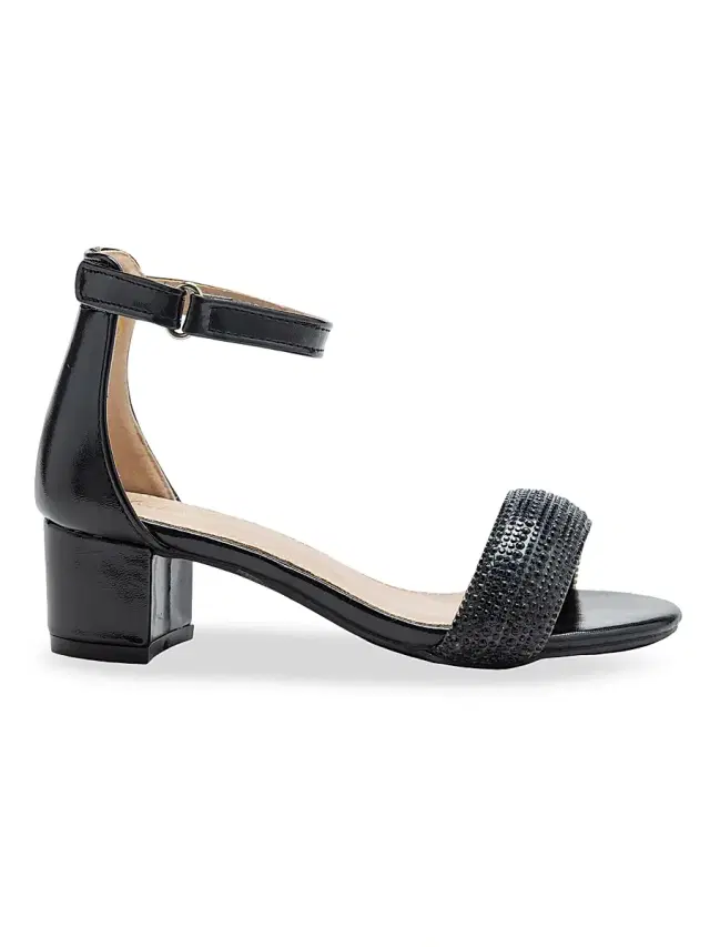 Tulleen Little Girl's and Girl's Rhinestone Band Block Heels - Black 7 (Child)