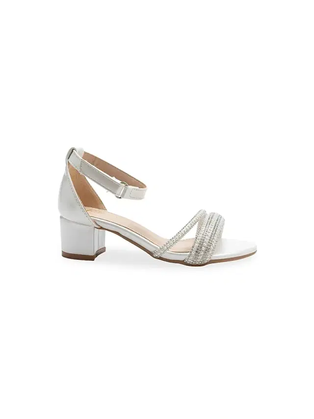 Little Girl's and Girl's Diagonal Rhinestone Band Block Heels - White 7 (Child)