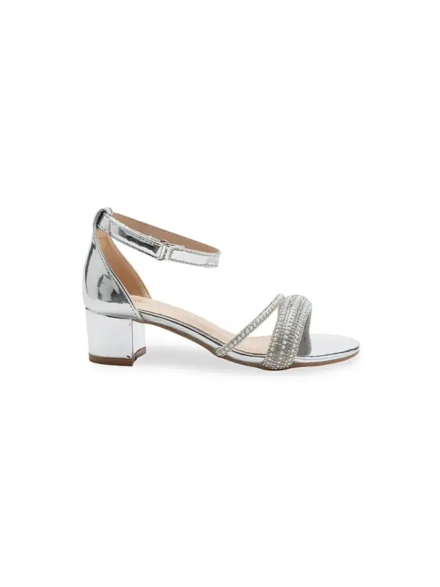 Tulleen Little Girl's and Girl's Diagonal Rhinestone Band Block Heels - Silver 7 (Child)
