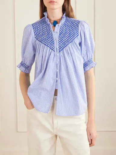 Loretta Caponi Milvia Shirred Striped Cotton-poplin Blouse | Thumbnail 3 Loretta Caponi Milvia Shirred Striped Cotton-poplin Blouse | Thumbnail 3