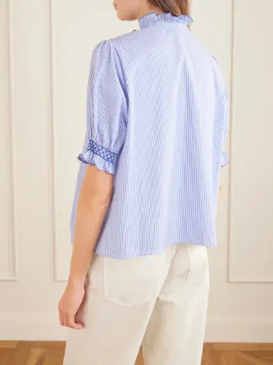 Loretta Caponi Milvia Shirred Striped Cotton-poplin Blouse | Thumbnail 4 Loretta Caponi Milvia Shirred Striped Cotton-poplin Blouse | Thumbnail 4