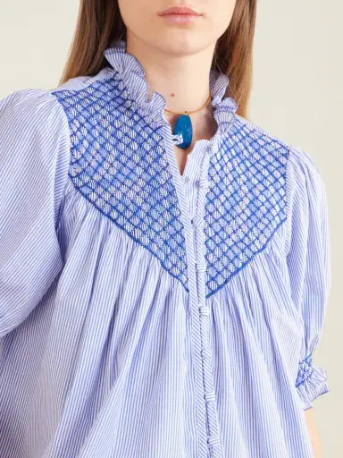 Loretta Caponi Milvia Shirred Striped Cotton-poplin Blouse | Thumbnail 5 Loretta Caponi Milvia Shirred Striped Cotton-poplin Blouse | Thumbnail 5