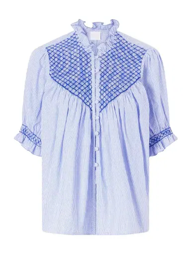 Loretta Caponi Milvia Shirred Striped Cotton-poplin Blouse | Thumbnail 1 Loretta Caponi Milvia Shirred Striped Cotton-poplin Blouse | Thumbnail 1
