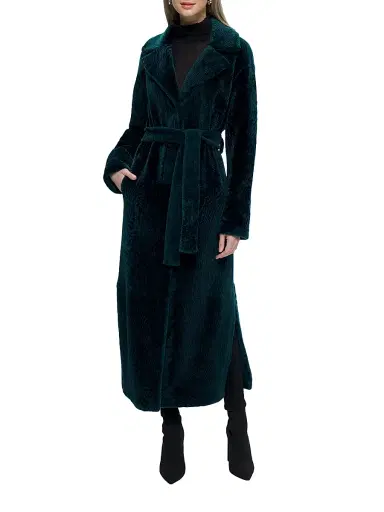 Gorski Women's Reversible Textured Shearling Lamb Coat with Side Slits Belt - Emerald - Size Medium | Thumbnail 2 Gorski Women's Reversible Textured Shearling Lamb Coat with Side Slits Belt - Emerald - Size Medium | Thumbnail 2