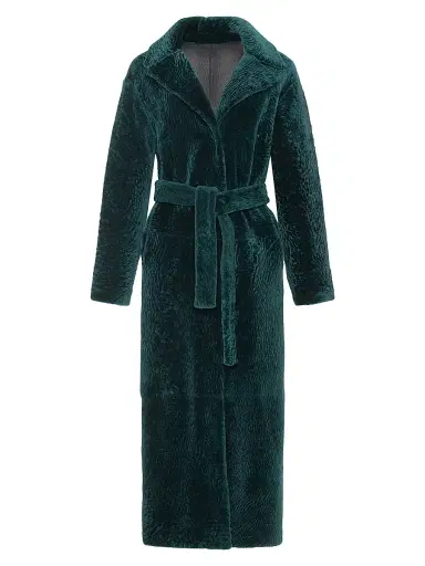Gorski Women's Reversible Textured Shearling Lamb Coat with Side Slits Belt - Emerald - Size Medium | Thumbnail 1 Gorski Women's Reversible Textured Shearling Lamb Coat with Side Slits Belt - Emerald - Size Medium | Thumbnail 1