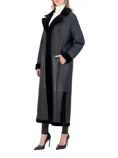 Gorski Women's Reversible Textured Shearling Lamb Coat with Side Slits Belt - Black - Size Large | Thumbnail 3 Gorski Women's Reversible Textured Shearling Lamb Coat with Side Slits Belt - Black - Size Large | Thumbnail 3