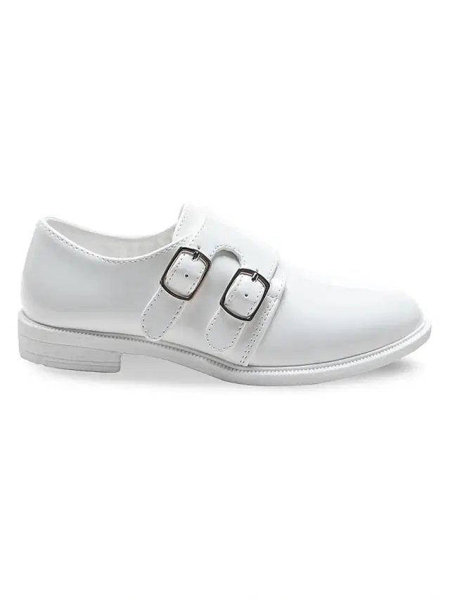 Moustache Faux Patent Leather Double Monk Strap Dress Shoes - White 5 (Child)
