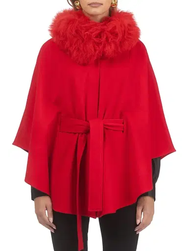Gorski Women's Select Wool Belted Cape with Select Lamb Collar - Red | Thumbnail 2