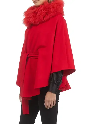 Gorski Women's Select Wool Belted Cape with Select Lamb Collar - Red | Thumbnail 3
