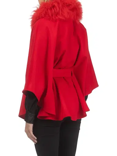 Gorski Women's Select Wool Belted Cape with Select Lamb Collar - Red | Thumbnail 4