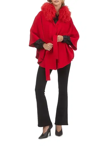 Gorski Women's Select Wool Belted Cape with Select Lamb Collar - Red | Thumbnail 6