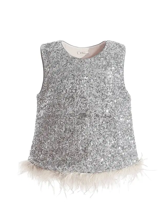 Little Girl's & Girl's Sequin Feather-Trim Outfit Set - Silver
