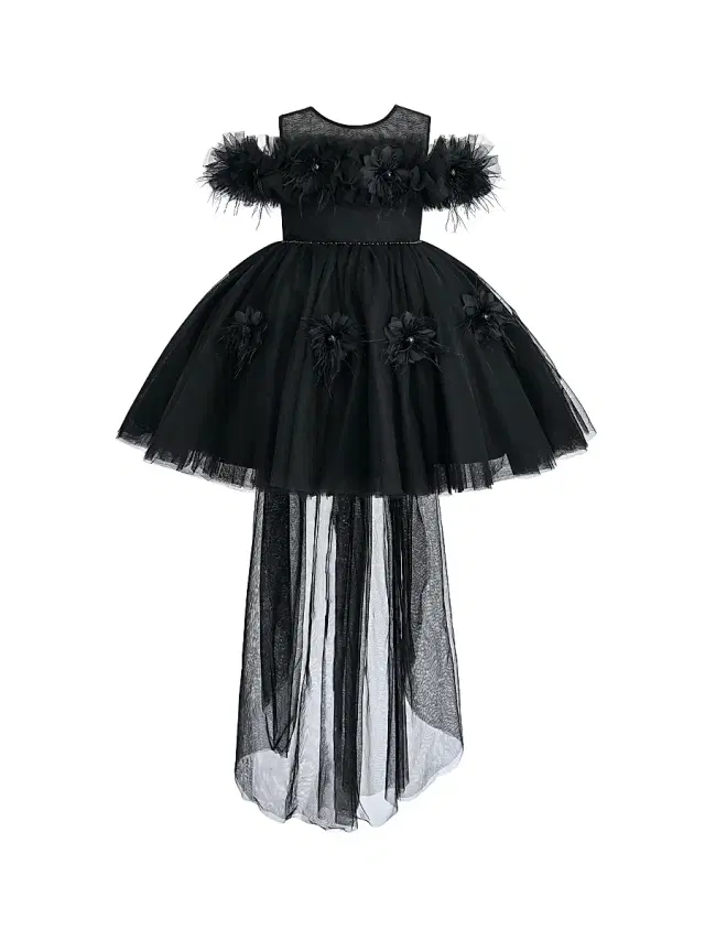 Girl's Flower Embellishment Dress - Black