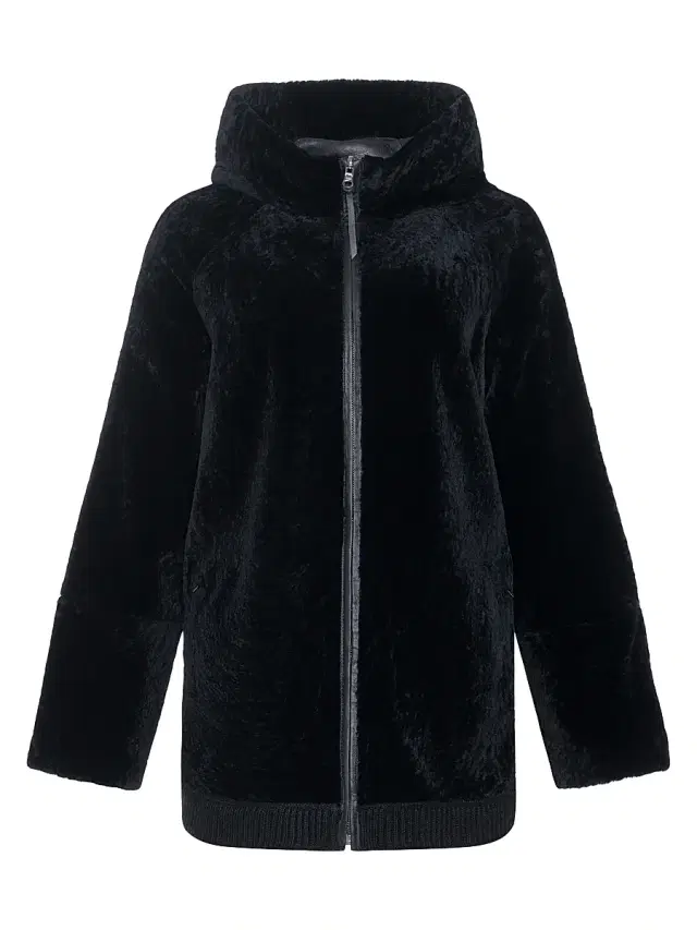 Gorski Women's Reversible Textured Shearling Lamb Zip Parka with Ribbed Hem - Black