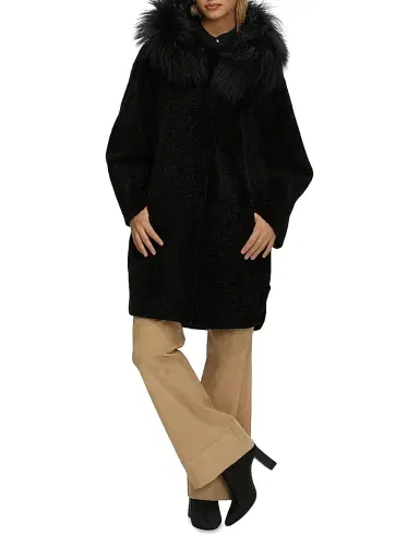 Gorski Women's Reversible New Zealand Shearling Lamb Stroller with Select Mongolian Lamb Hood Trim - Black - Size Small | Thumbnail 2 Gorski Women's Reversible New Zealand Shearling Lamb Stroller with Select Mongolian Lamb Hood Trim - Black - Size Small | Thumbnail 2