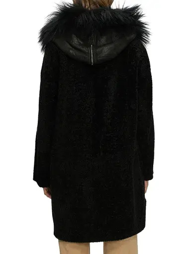 Gorski Women's Reversible New Zealand Shearling Lamb Stroller with Select Mongolian Lamb Hood Trim - Black - Size Small | Thumbnail 4 Gorski Women's Reversible New Zealand Shearling Lamb Stroller with Select Mongolian Lamb Hood Trim - Black - Size Small | Thumbnail 4