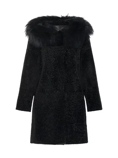 Gorski Women's Reversible New Zealand Shearling Lamb Stroller with Select Mongolian Lamb Hood Trim - Black - Size Small | Thumbnail 1 Gorski Women's Reversible New Zealand Shearling Lamb Stroller with Select Mongolian Lamb Hood Trim - Black - Size Small | Thumbnail 1