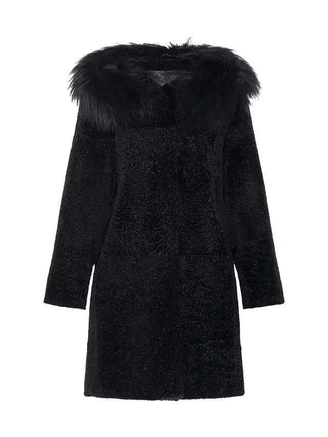 Gorski Women's Reversible New Zealand Shearling Lamb Stroller with Select Mongolian Lamb Hood Trim - Black