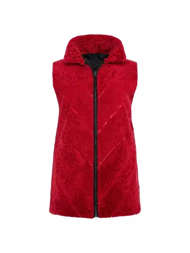 Gorski Women's Textured Shearling Lamb Zip Vest Reversible To Taffeta - Red - Size Small | Thumbnail 1 Gorski Women's Textured Shearling Lamb Zip Vest Reversible To Taffeta - Red - Size Small | Thumbnail 1