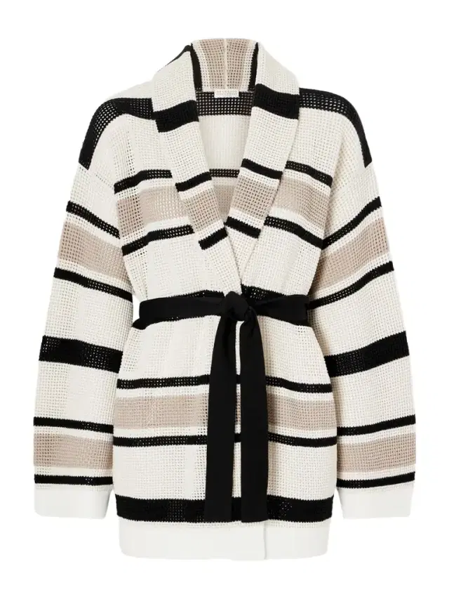 Brunello Cucinelli Belted Open-knit Striped Cotton Cardigan