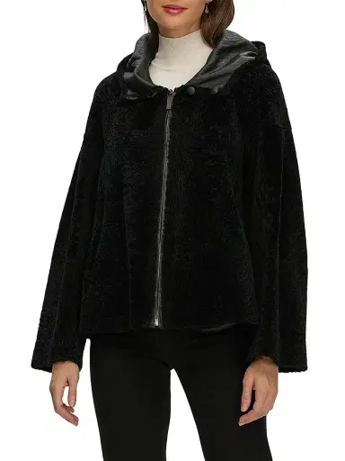 Gorski Women's Reversible New Zealand Shearling Lamb Zip Parka - Black | Thumbnail 2